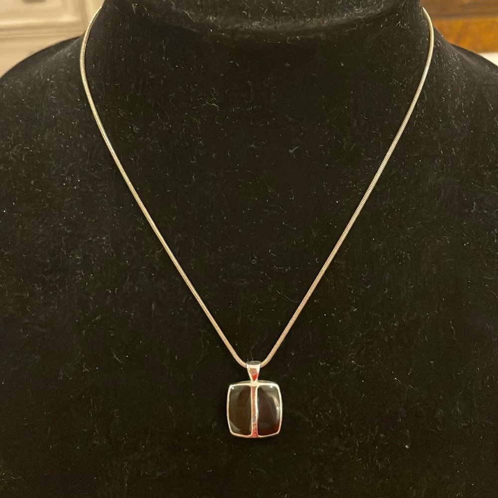 Vintage Silver Tone Reversible Square Pendant Bla… - image 1